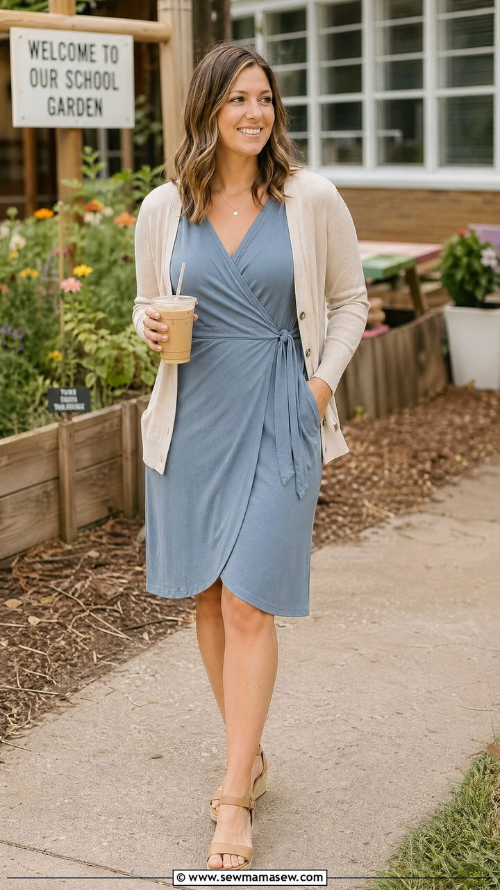 Sleeveless wrap dress with lightweight cardigan and low wedges - 35 Teacher outfit ideas for school