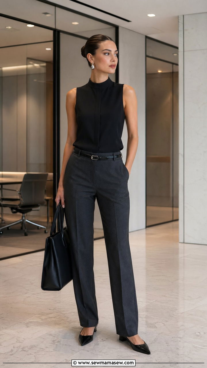 Slicked back bun and sleeveless vest top with tailored trousers outfit - 35 Clean girl aesthetic outfit ideas
