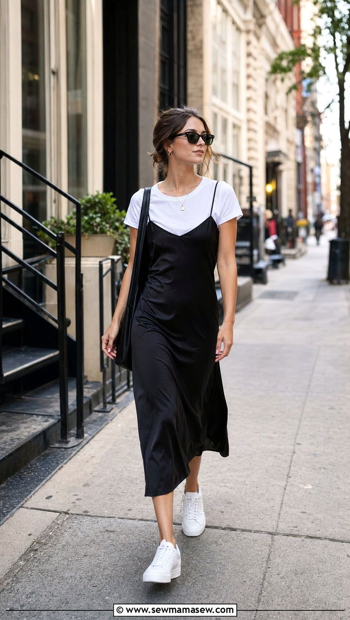 Slip Dress Layered Over A White T Shirt With Sneakers - 30 90s spring outfits