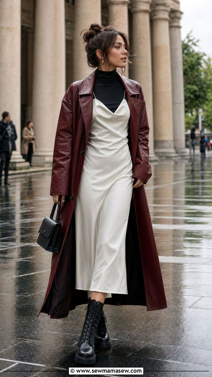Slip Dress Layered Over Turtleneck Rain Look - 35 Rainy spring outfits