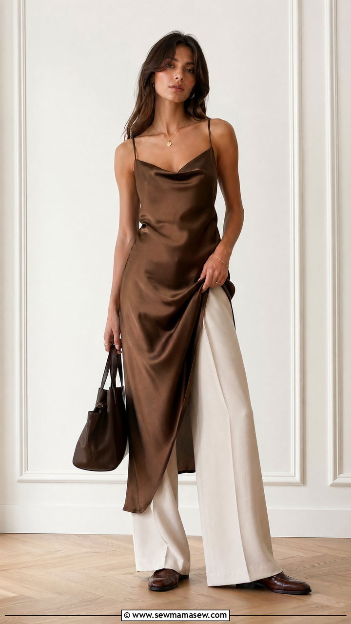 Slip Dress Layered Over Wide Leg Trousers Outfit - 35 transitional chic outfit ideas