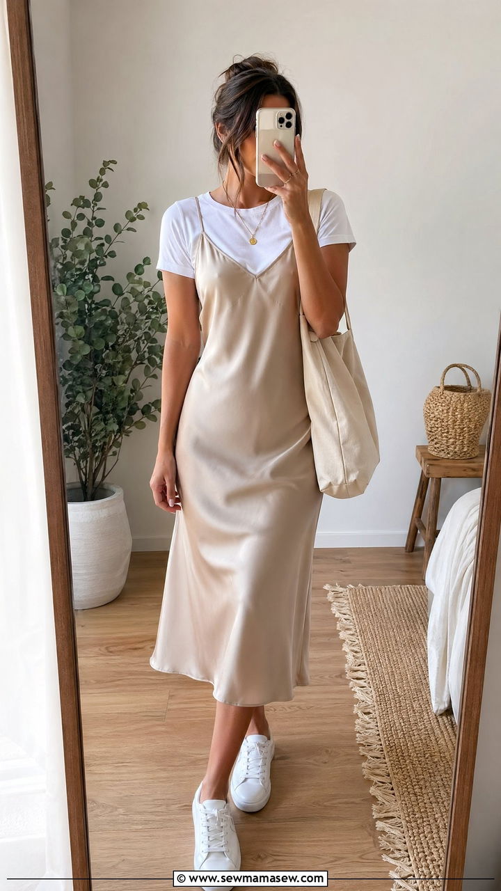 Slip Dress With A White Tee Layered Underneath And Sneakers - 35 summer capsule wardrobe outfits