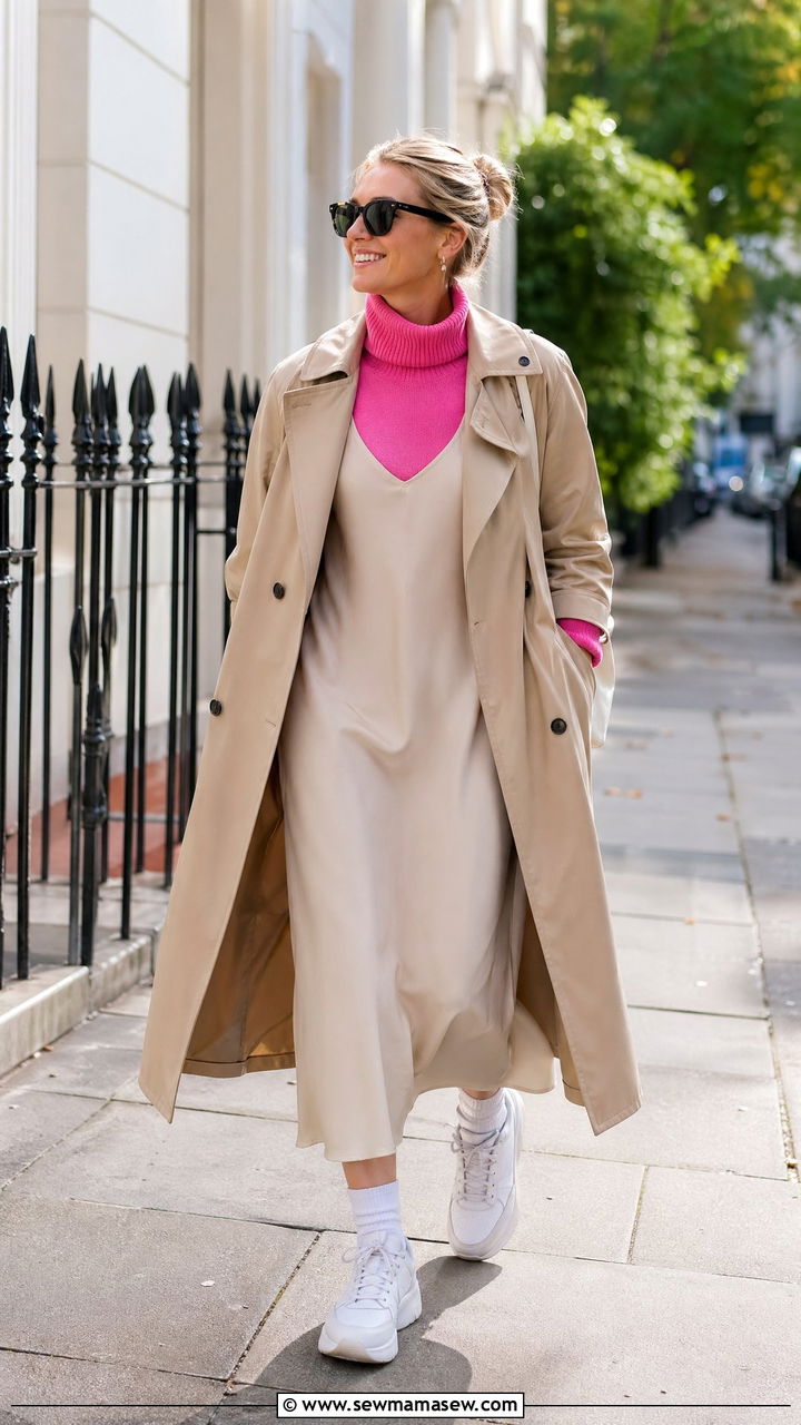 Slip Dress With Colorful Turtleneck And Trench Coat - 35 slip dress outfit ideas for women