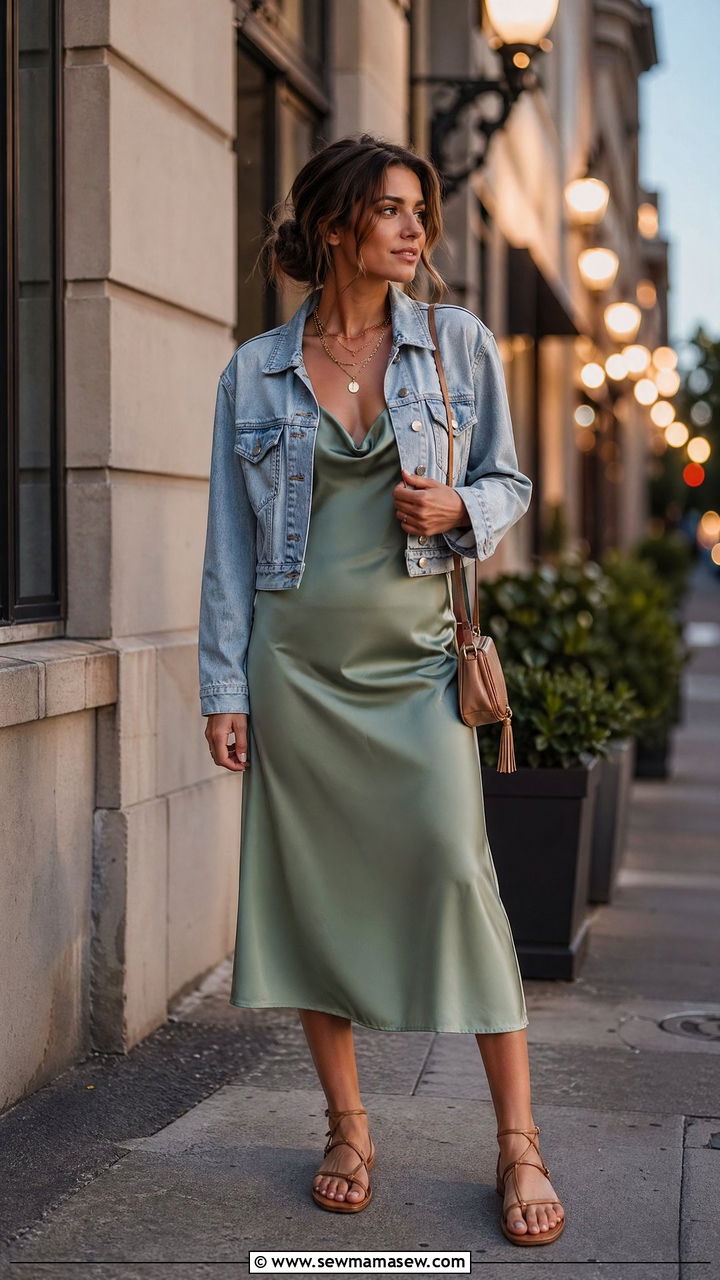 Slip Dress With Cropped Denim Jacket - 35 Cold summer outfits
