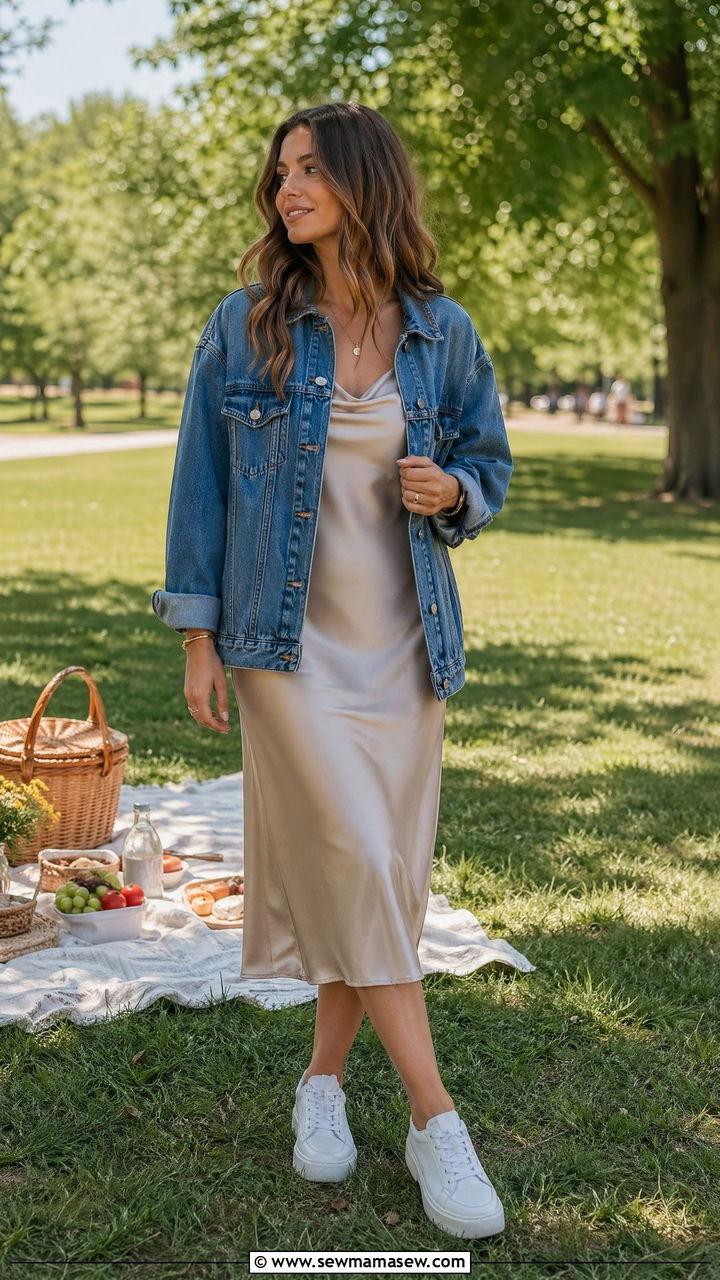 Slip Dress With Denim Jacket and White Leather Sneakers - 35 Clean girl casual outfit ideas