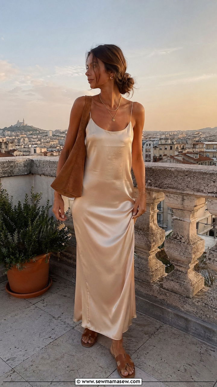 Slip Dress With Flat Leather Sandals - 35 summer french girl outfit ideas