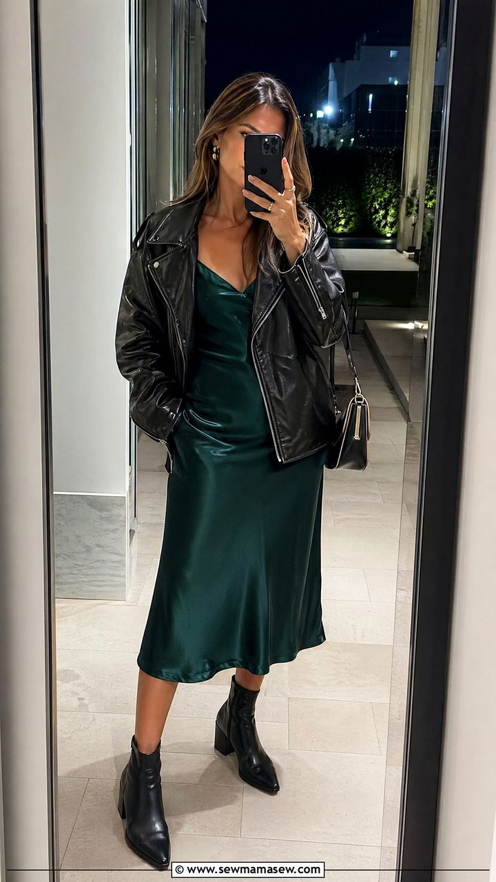 Slip Dress With Leather Jacket And Boots - 35 slip dress outfit ideas for women