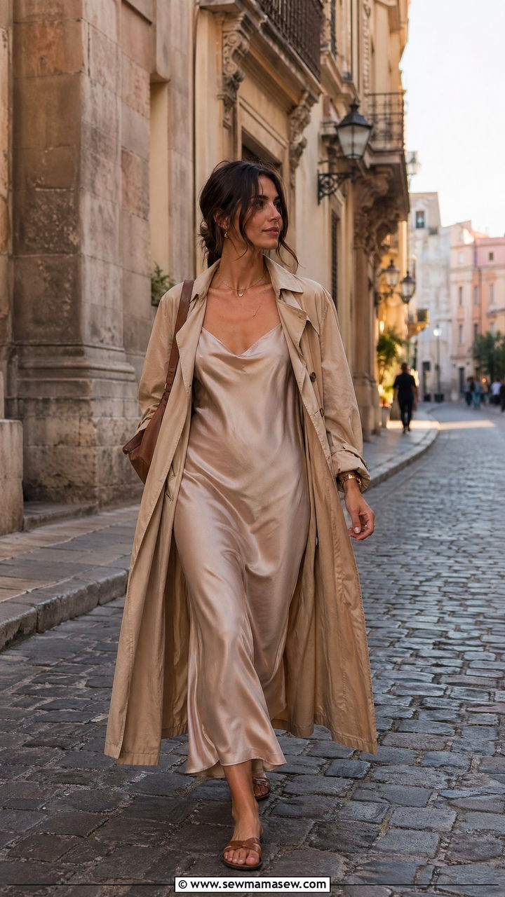 Slip Dress With Lightweight Trench - 35 vacation outfits 2026