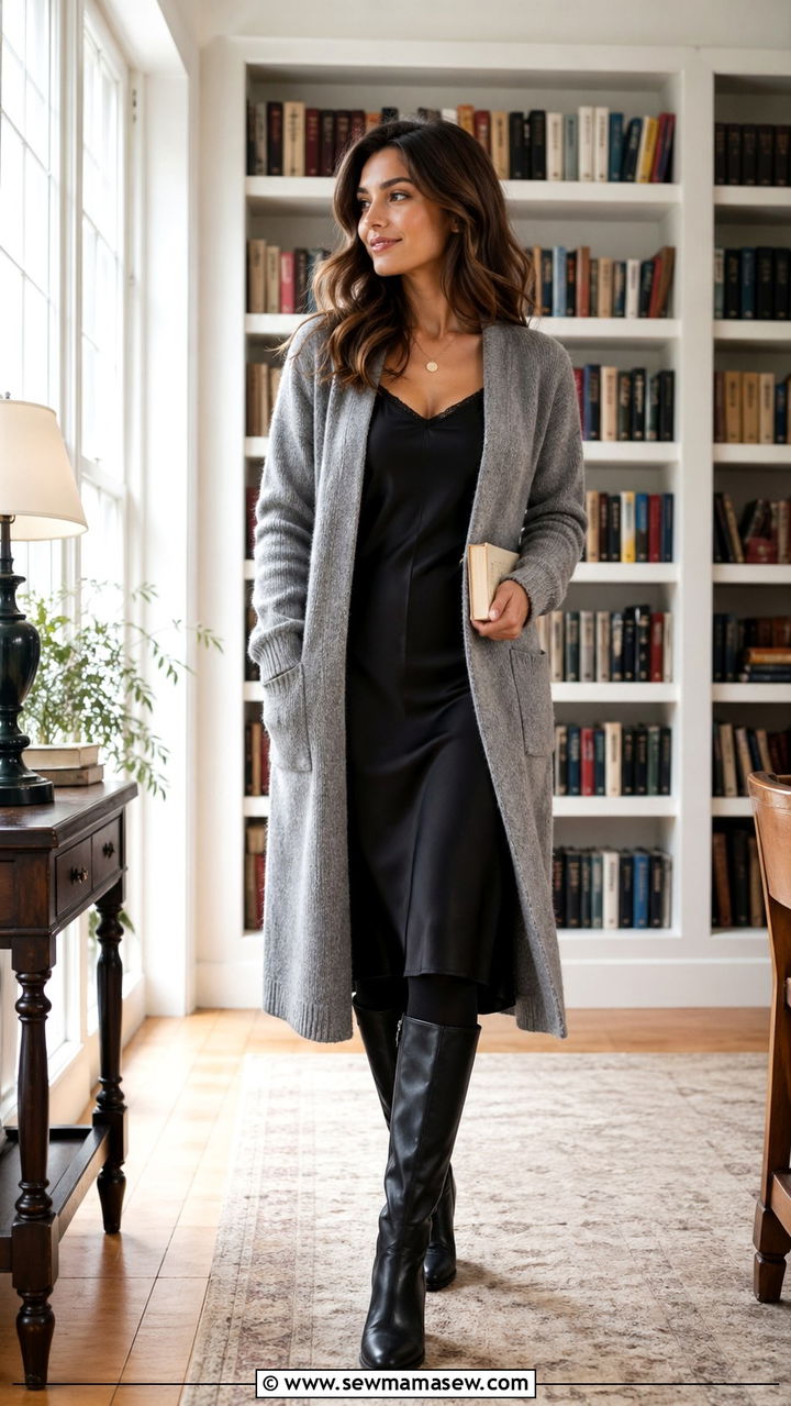 Slip Dress With Long Cardigan And Tights - 30 slip dress outfits for women