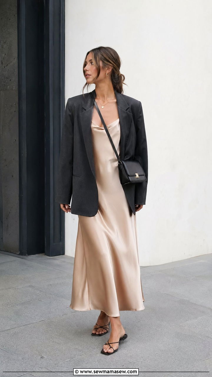 Slip Dress With Oversized Blazer And Sandals - 35 Summer transition outfits