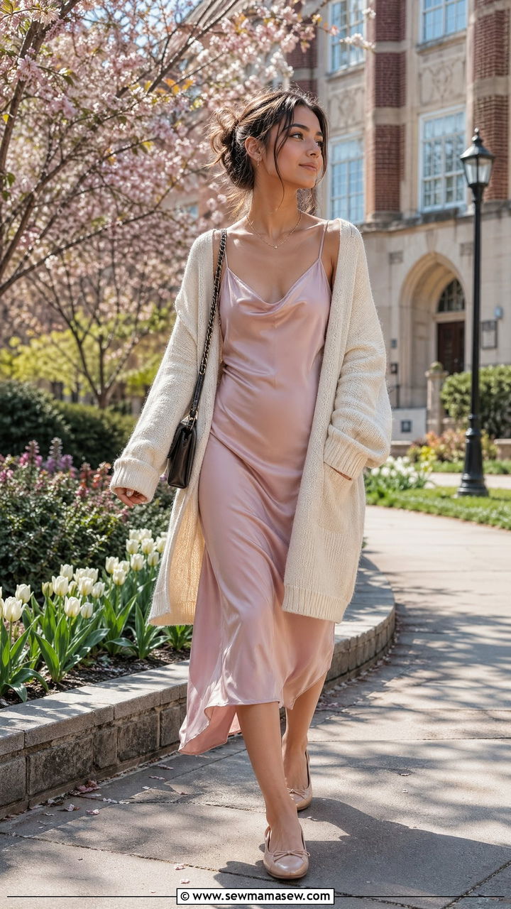 Slip Dress With Oversized Cardigan and Ballet Flats - 35 college outfits 2026
