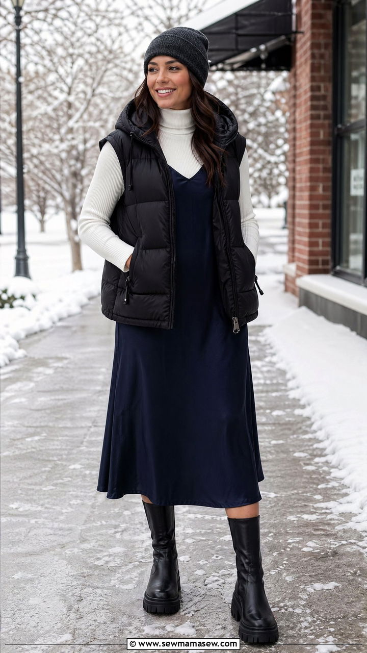 Slip Dress With Puffer Vest - 35 casual slip dress outfits