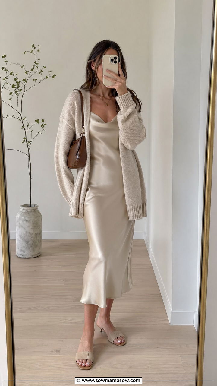Slip Dress With Soft Cardigan And Low Heel Mules - 35 spring parisian outfits