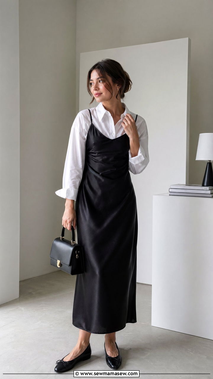 Slip Dress With White Button Up Underneath - 35 slip dress outfit ideas for women