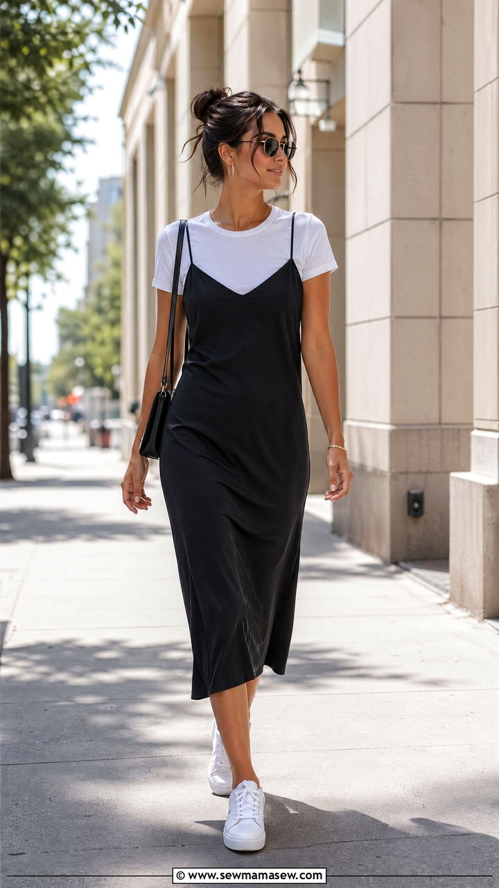 Slip Dress With a T Shirt Underneath and Sneakers - 35 casual outfits ideas