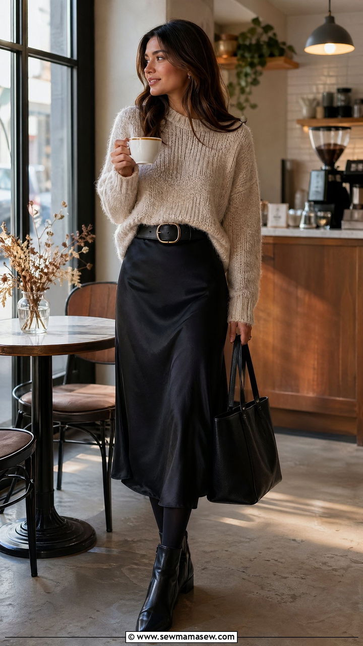 Slip Dress Worn as a Skirt with Sweater - 35 slip dress outfit ideas