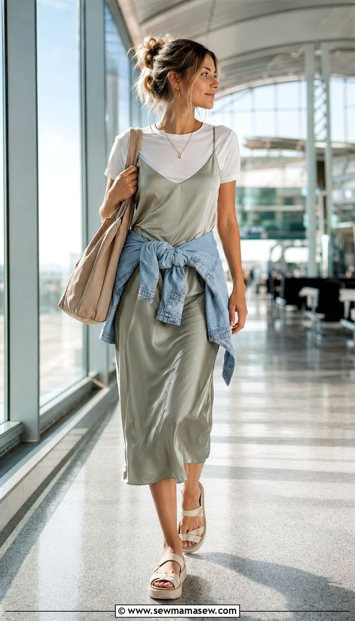 Slip Dress and White Tee Layered Airport Outfit - 30 Airport outfit ideas warm weather destination