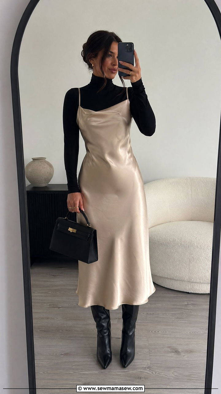 Slip Dress with Black Turtleneck Underneath - 35 slip dress outfit ideas