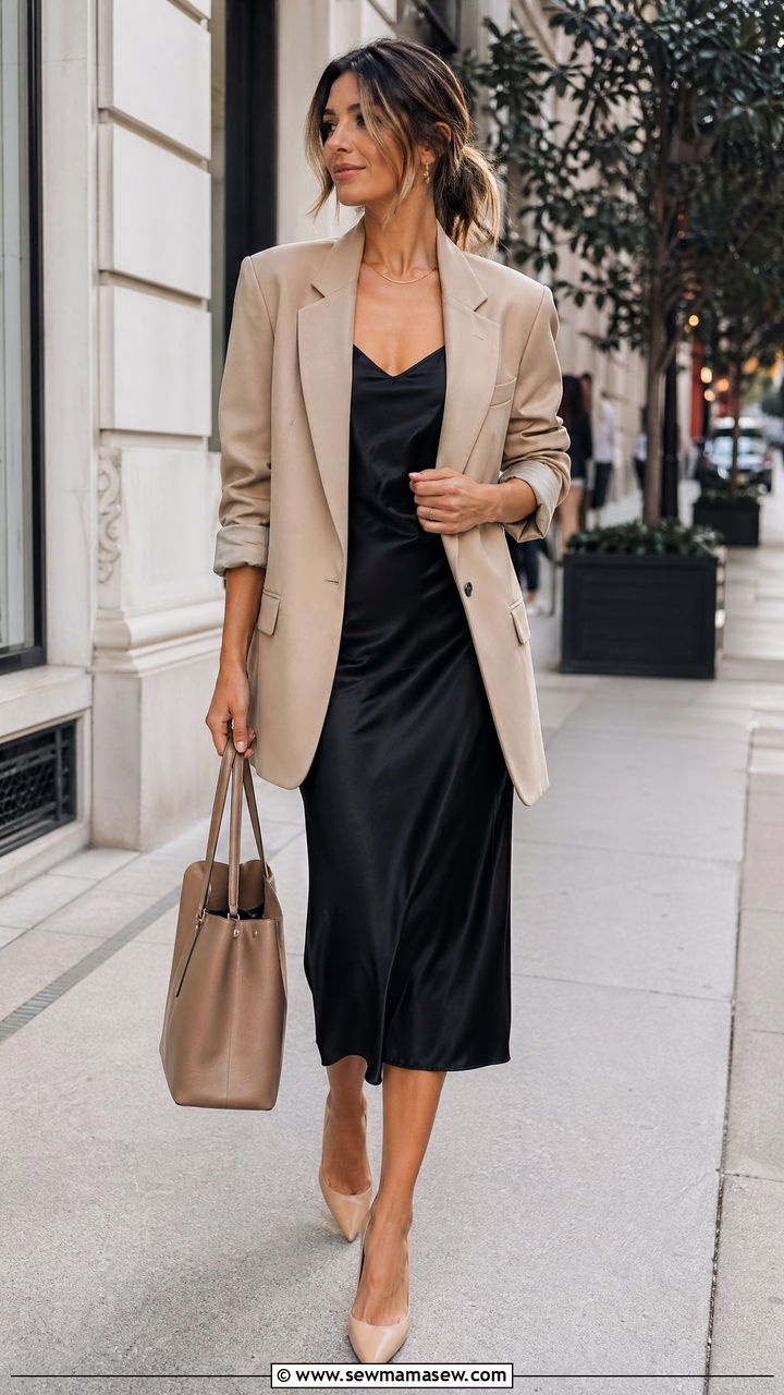 Slip Dress with Blazer and Heeled Pumps - 35 slip dress outfit ideas