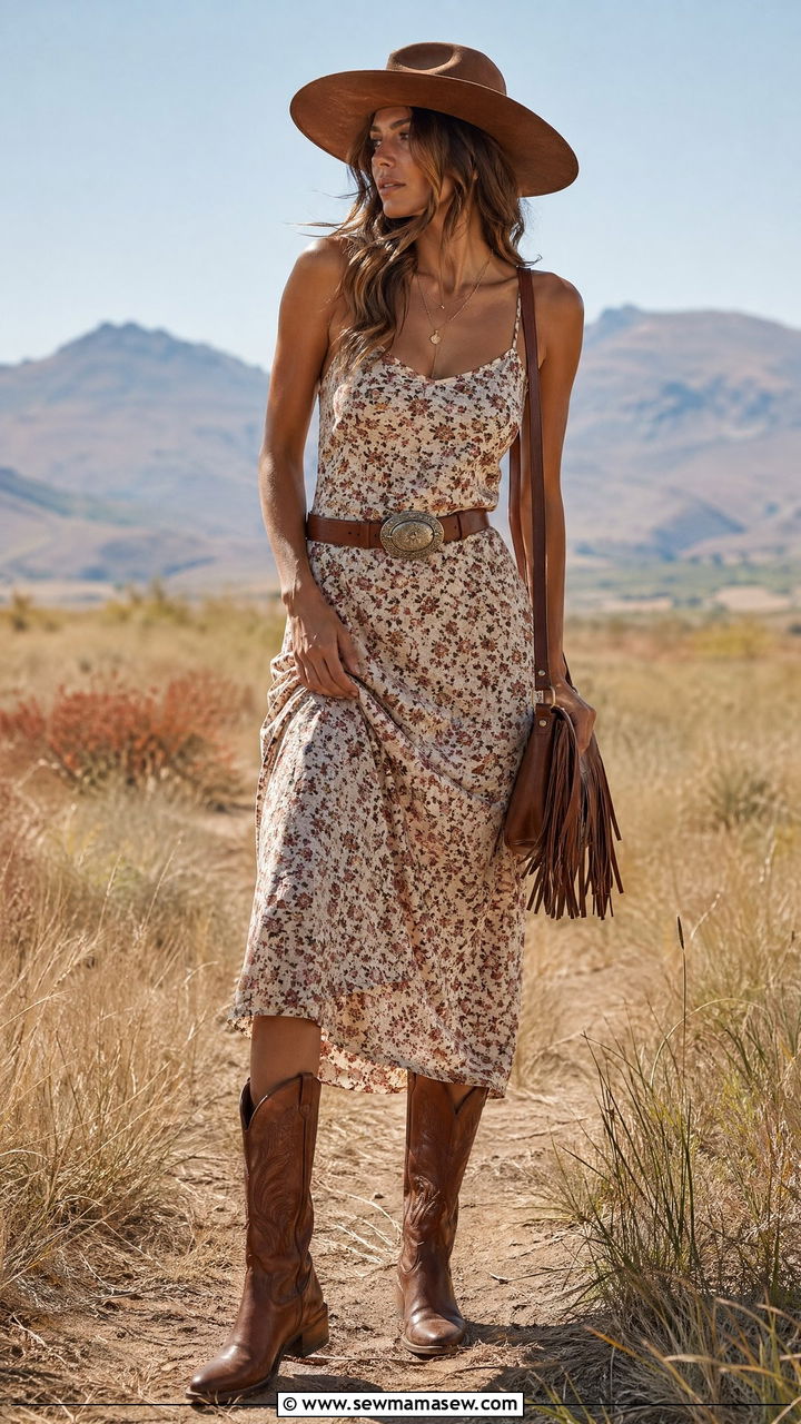 Slip Dress with Cowboy Boots and Hat - 35 slip dress outfit ideas