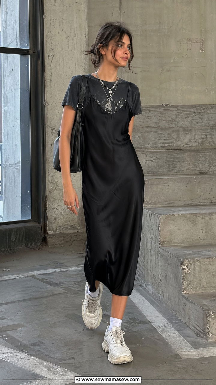 Slip Dress with Graphic Band Tee Underneath - 35 slip dress outfit ideas