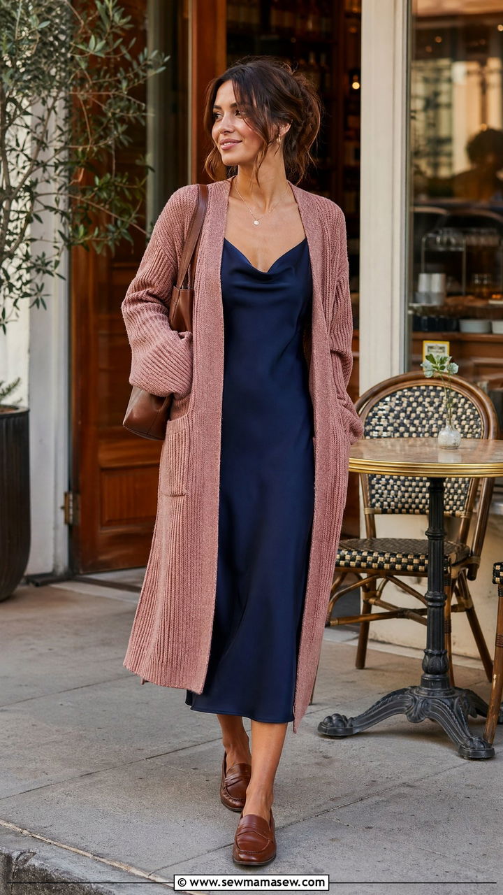 Slip Dress with Long Cardigan and Loafers - 35 slip dress outfit ideas