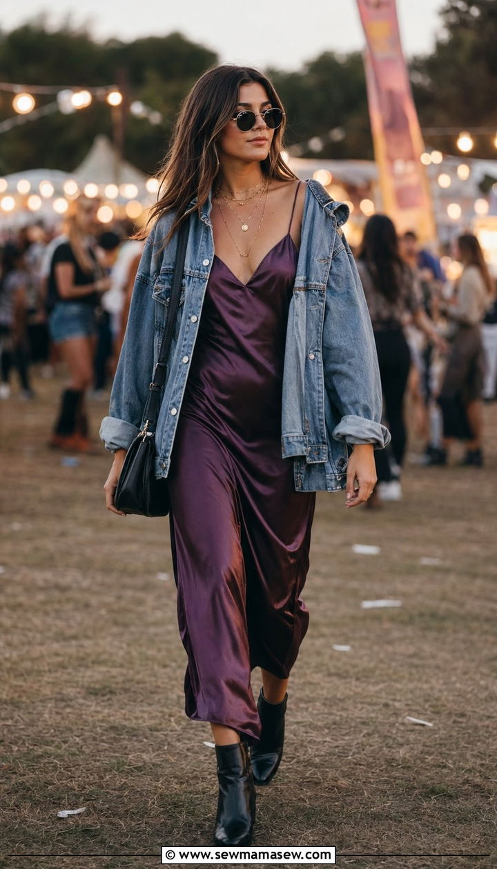 Slip Dress with Oversized Denim Jacket and Ankle Boots - 30 What to wear to a summer festival