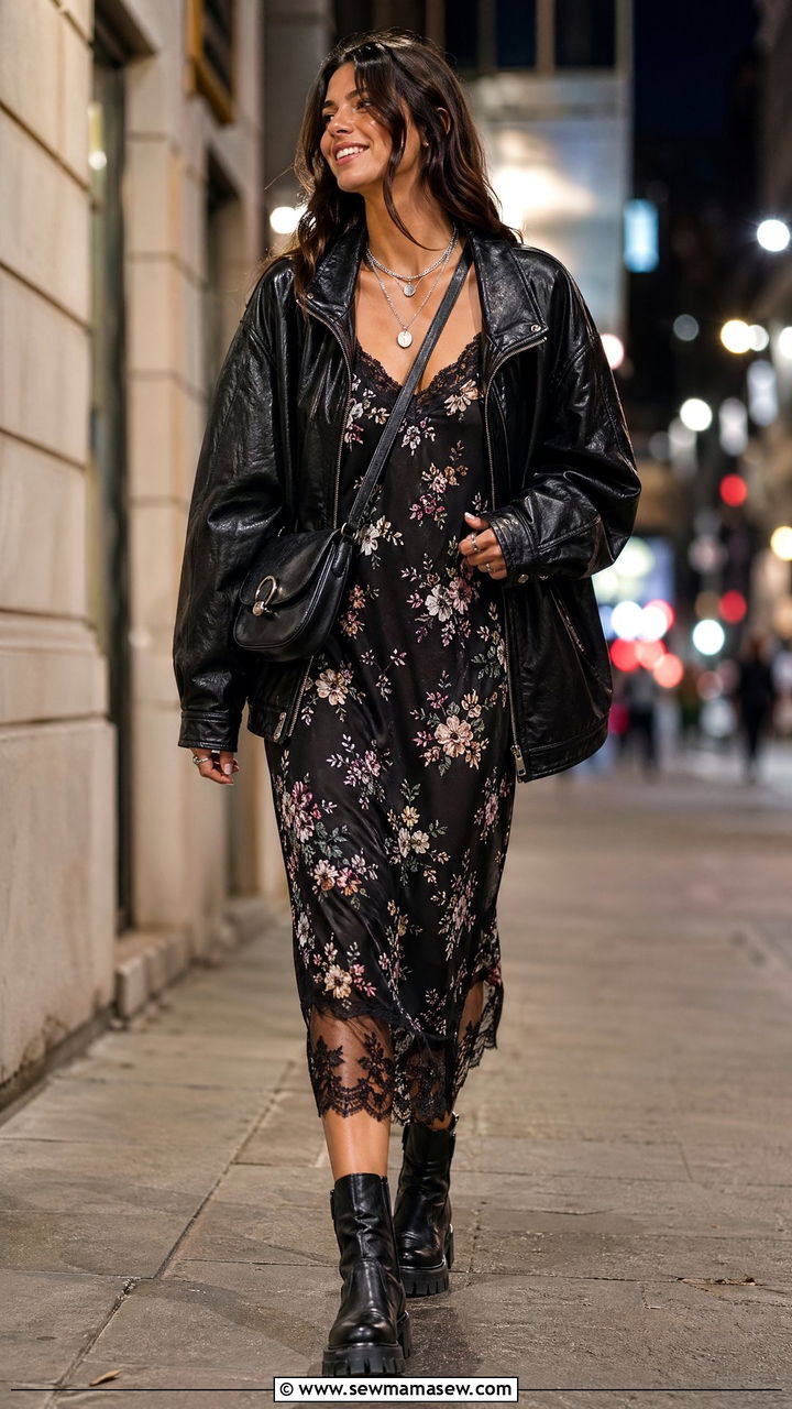 Slip Dress with Oversized Leather Jacket - 35 spring boho chic outfits