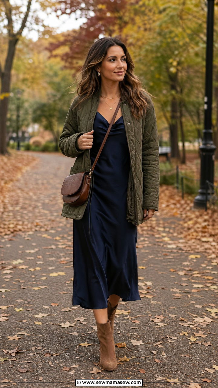 Slip Dress with Quilted Jacket and Ankle Boots - 35 slip dress outfit ideas