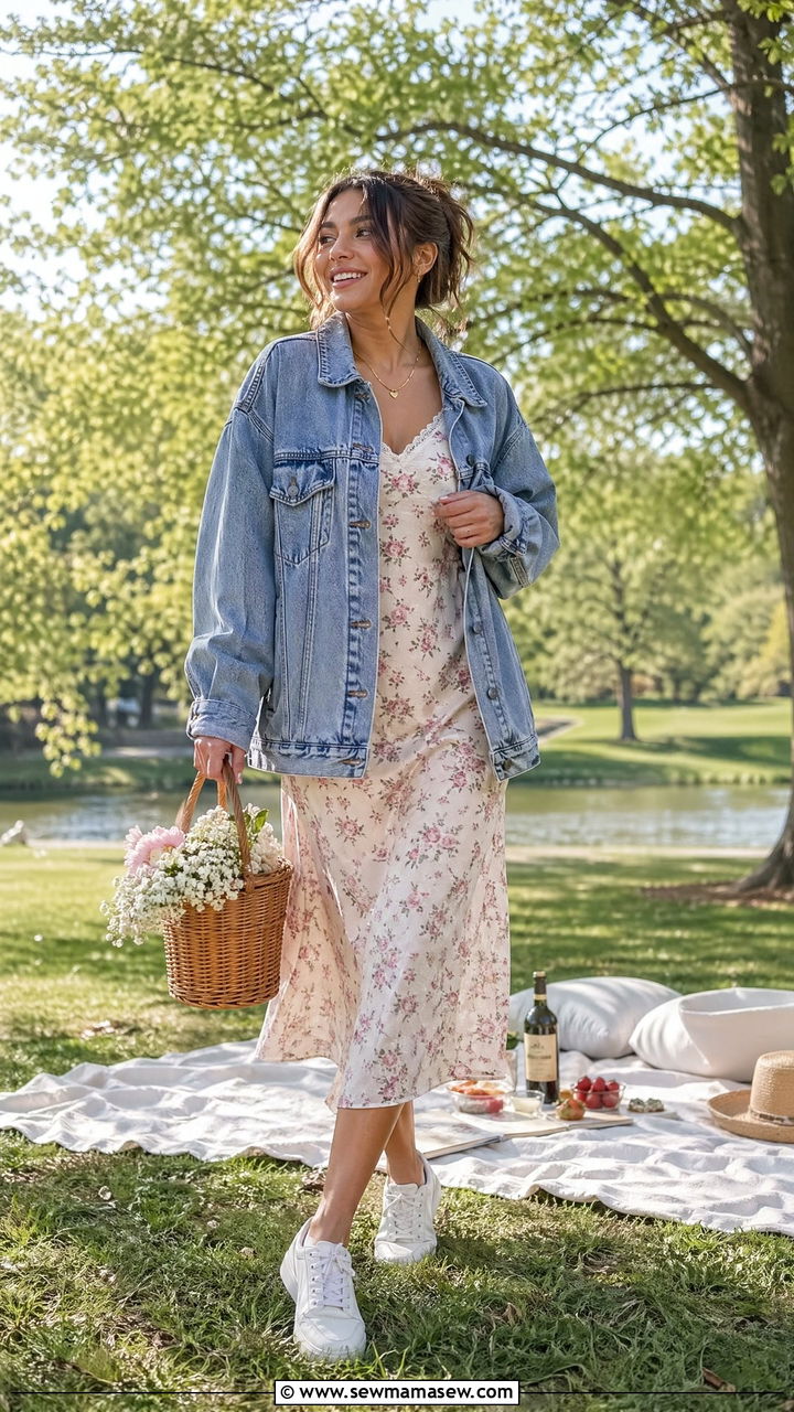 Slip Dress with a Denim Jacket - 35 What to wear for a spring picnic