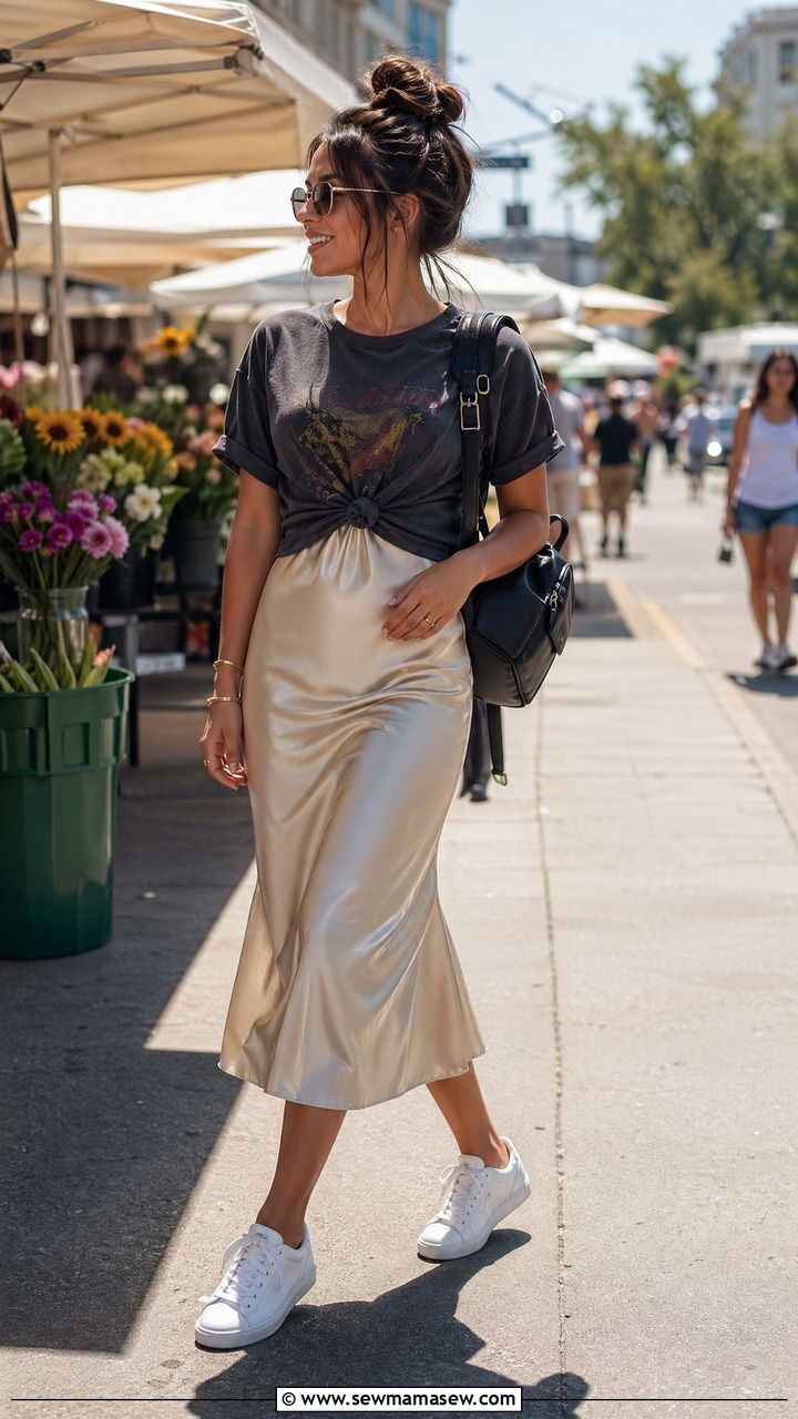 Slip Dress with a Knotted Graphic Tee - 35 Summer outfits for petite women