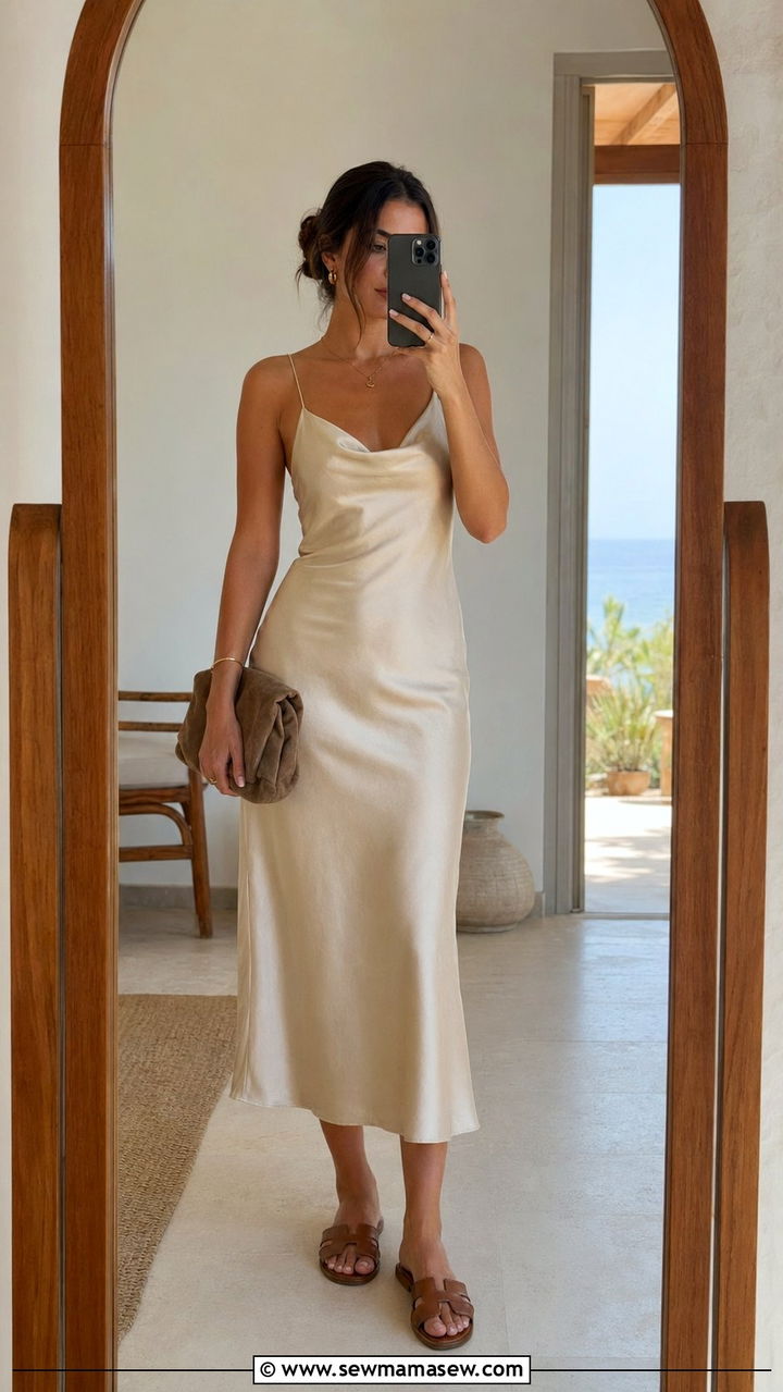 Slip Midi Dress With Leather Sandals Outfit - 30 beach vacation outfits aesthetic
