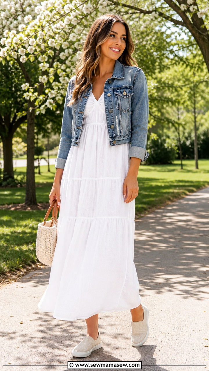 Slip On Sneakers with Maxi Dress and Denim Jacket - 30 sneaker outfits ideas