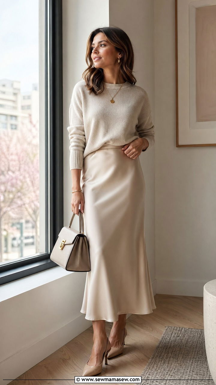 Slip Skirt With Oversized Sweater - 35 spring office casual outfit ideas