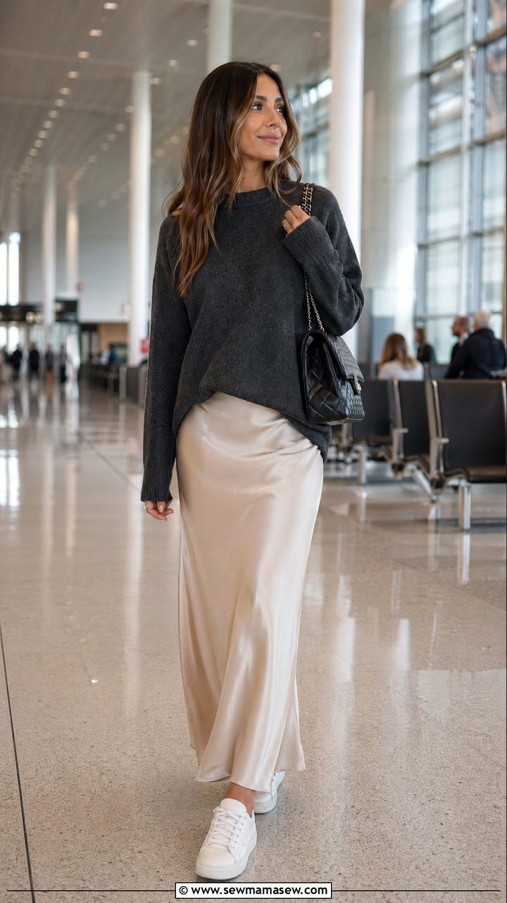 Slip Skirt With Sweater And Sneakers - 35 Comfortable airport outfits