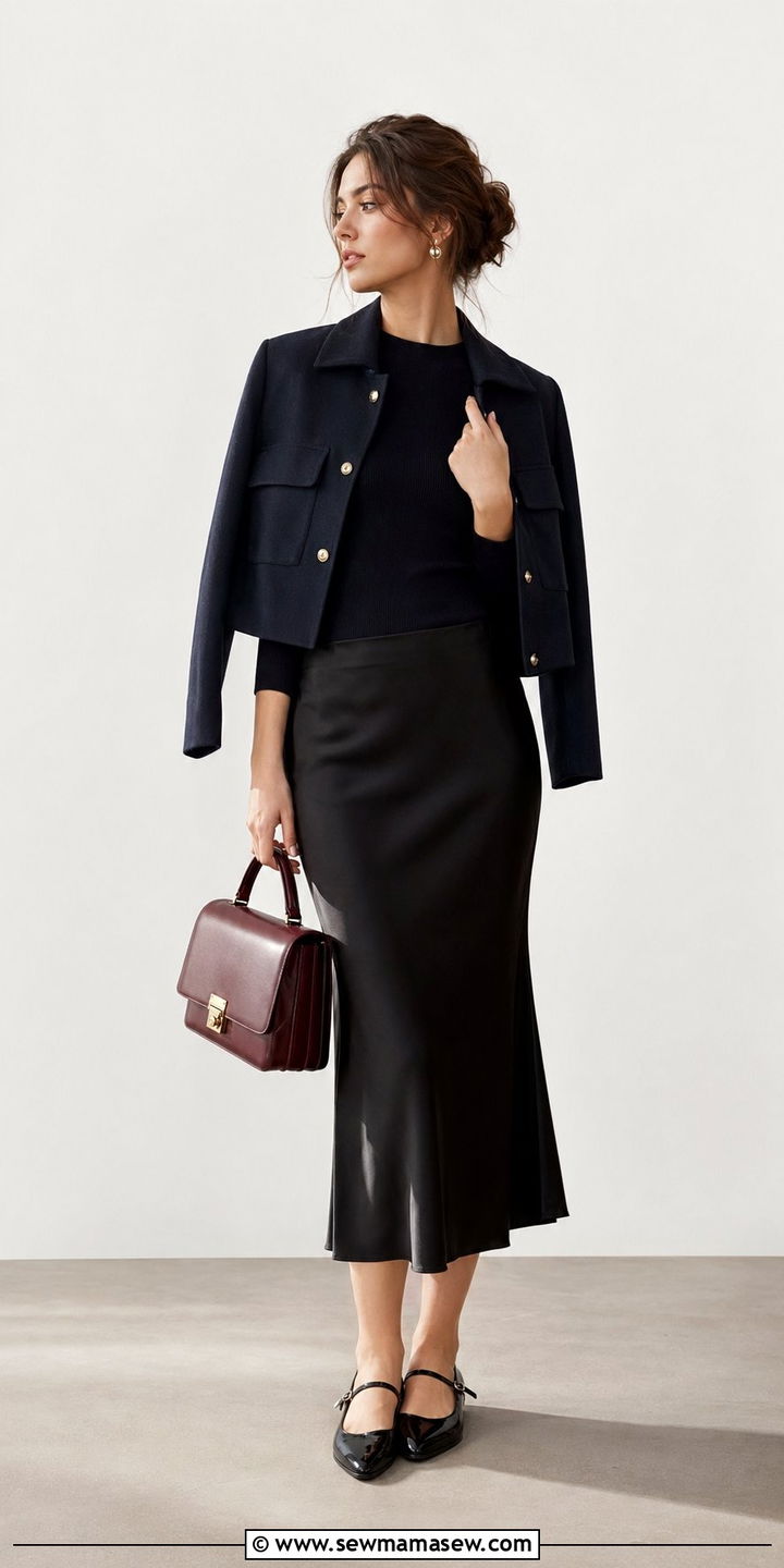 Slip Skirt With a Cropped Navy Jacket and Mary Jane Flats - 35 Parisian outfits 2026