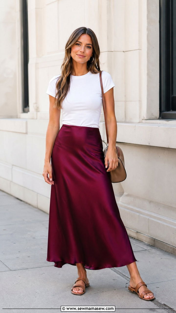 Slip Skirt and Fitted Tee Outfit - 35 Summer style ideas