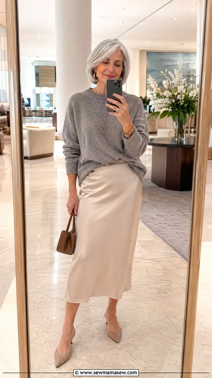 Slip Skirt and a Relaxed Knit Pullover - 35 Vacation outfit ideas for women over 60