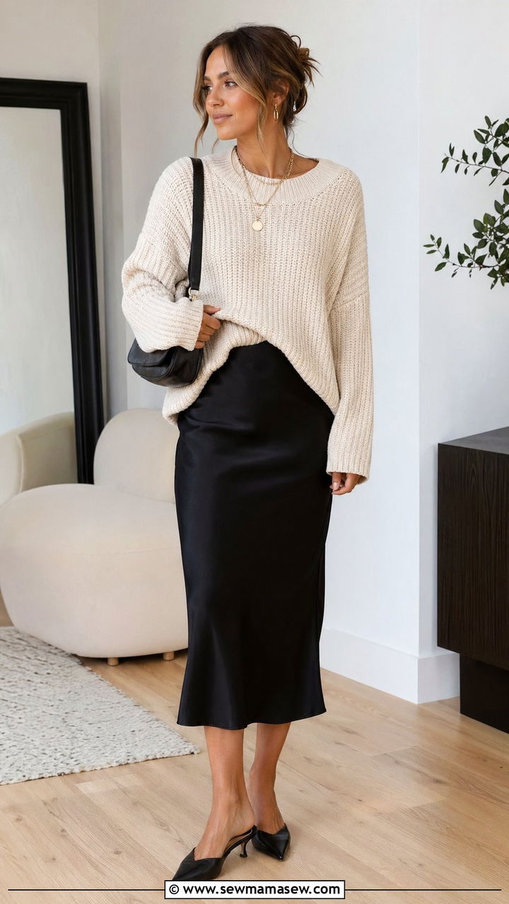 Slip Skirt with a Chunky Sweater - 30 Work outfit ideas for casual Friday
