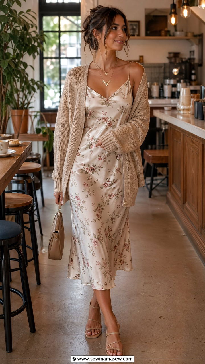 Slip dress and cardigan brunch look - 35 chic brunch outfits for women