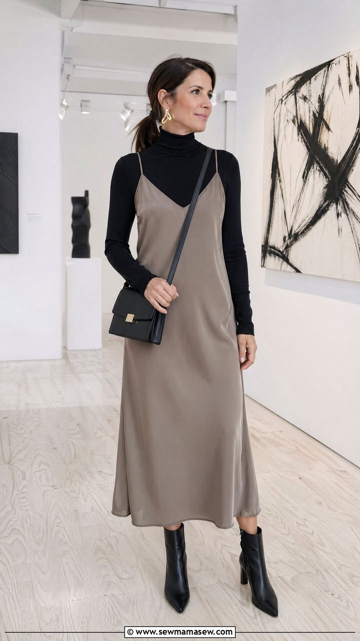 Slip dress layered over a fitted turtleneck - 35 Casual outfits for women over 40