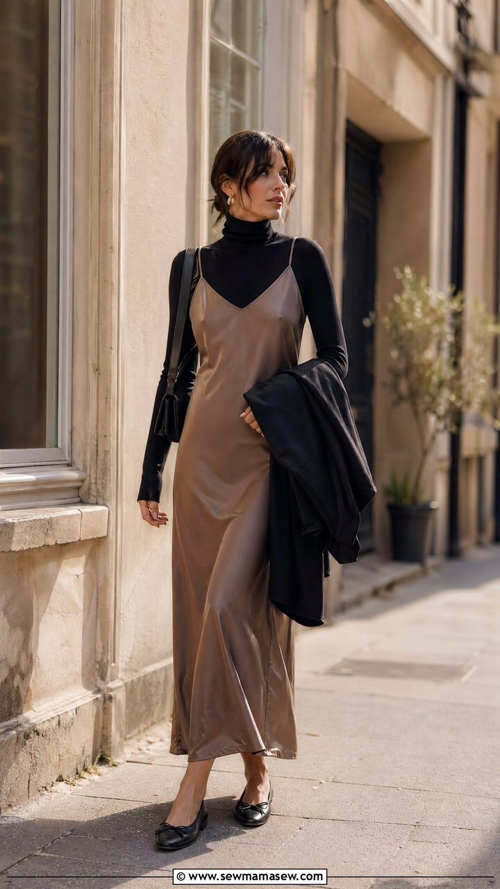 Slip dress layered over a turtleneck with ballet flats - 35 Transitional wardrobe ideas