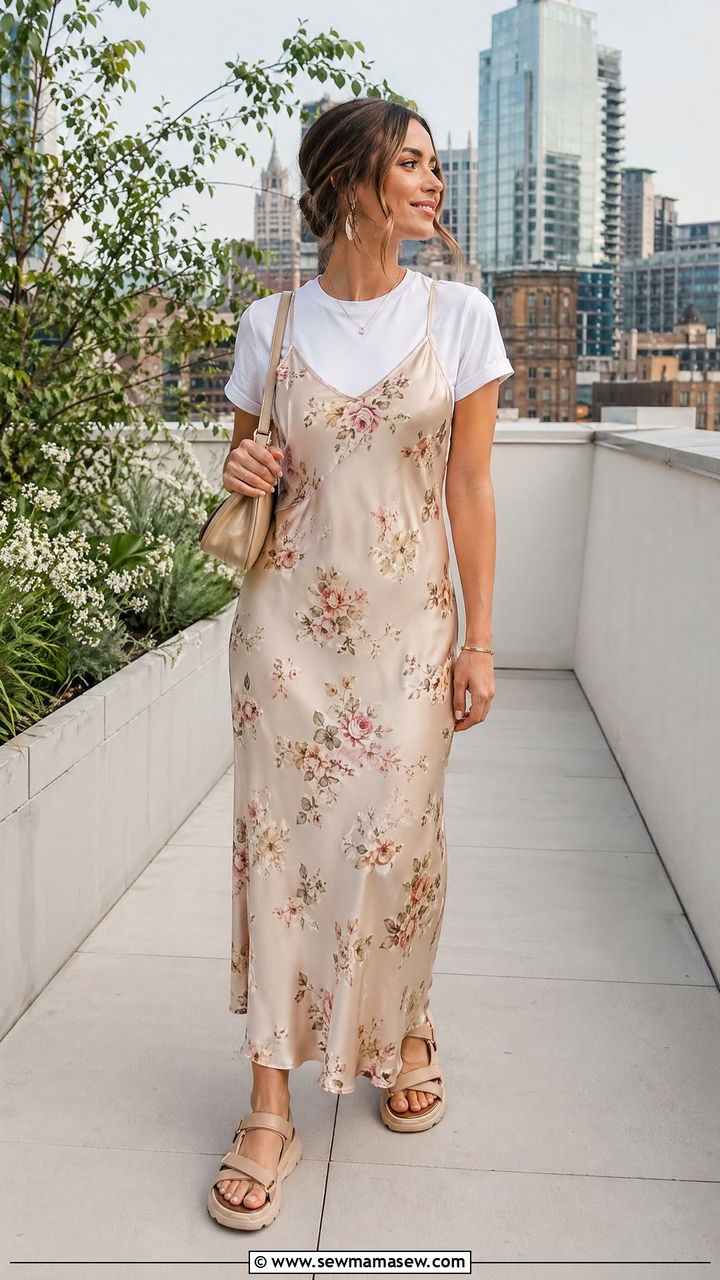 Slip dress over a t shirt with chunky sandals - 35 Casual wedding guest outfit ideas