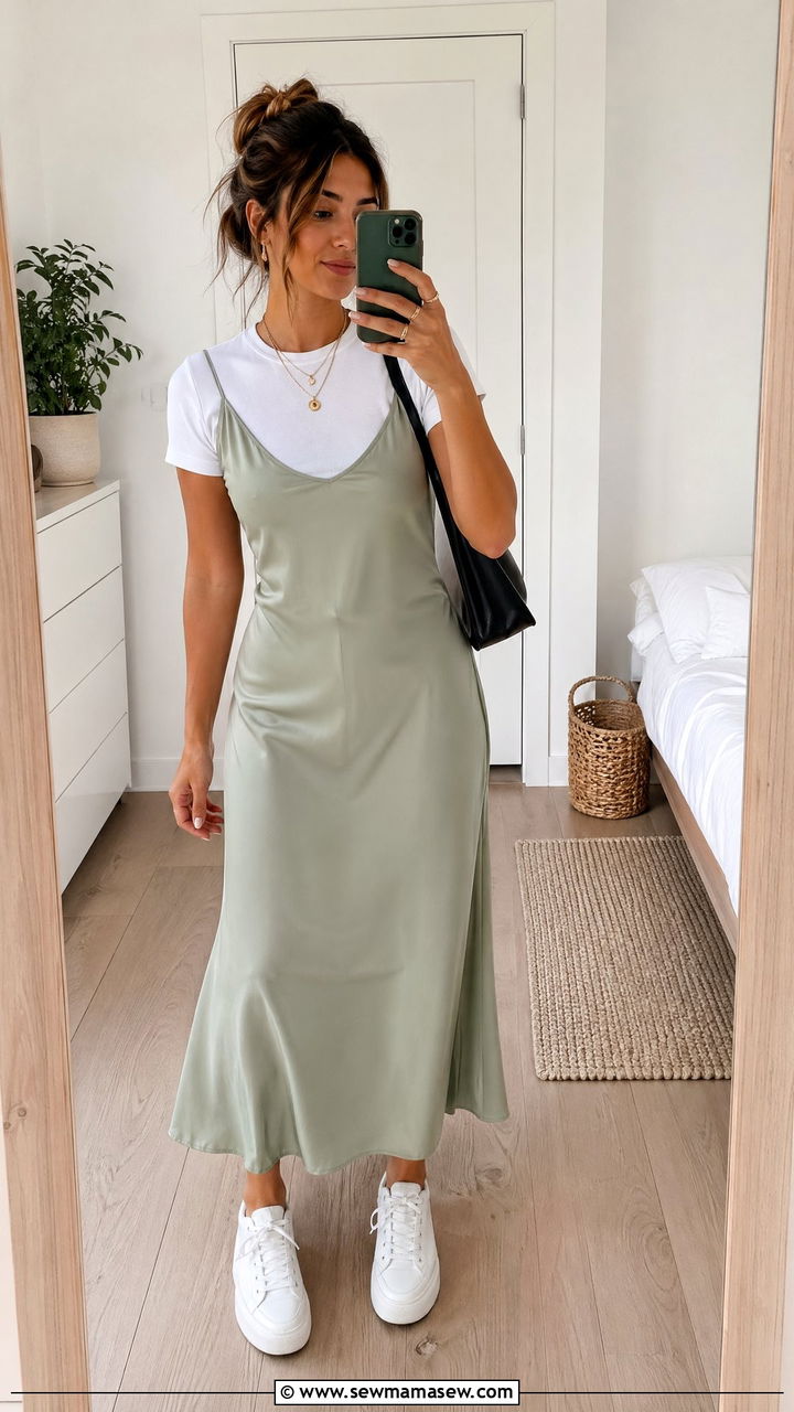 Slip dress with a t shirt underneath and sneakers - 35 spring easy outfit ideas
