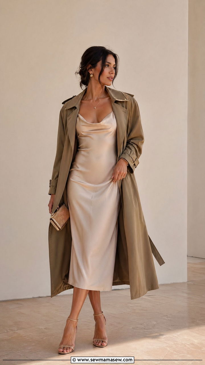 Slip dress with a trench coat and strappy heels - 35 chic outfit ideas for women