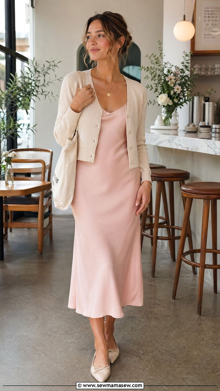 Slip dress with cardigan and flats outfit - 35 cute slip dress outfits