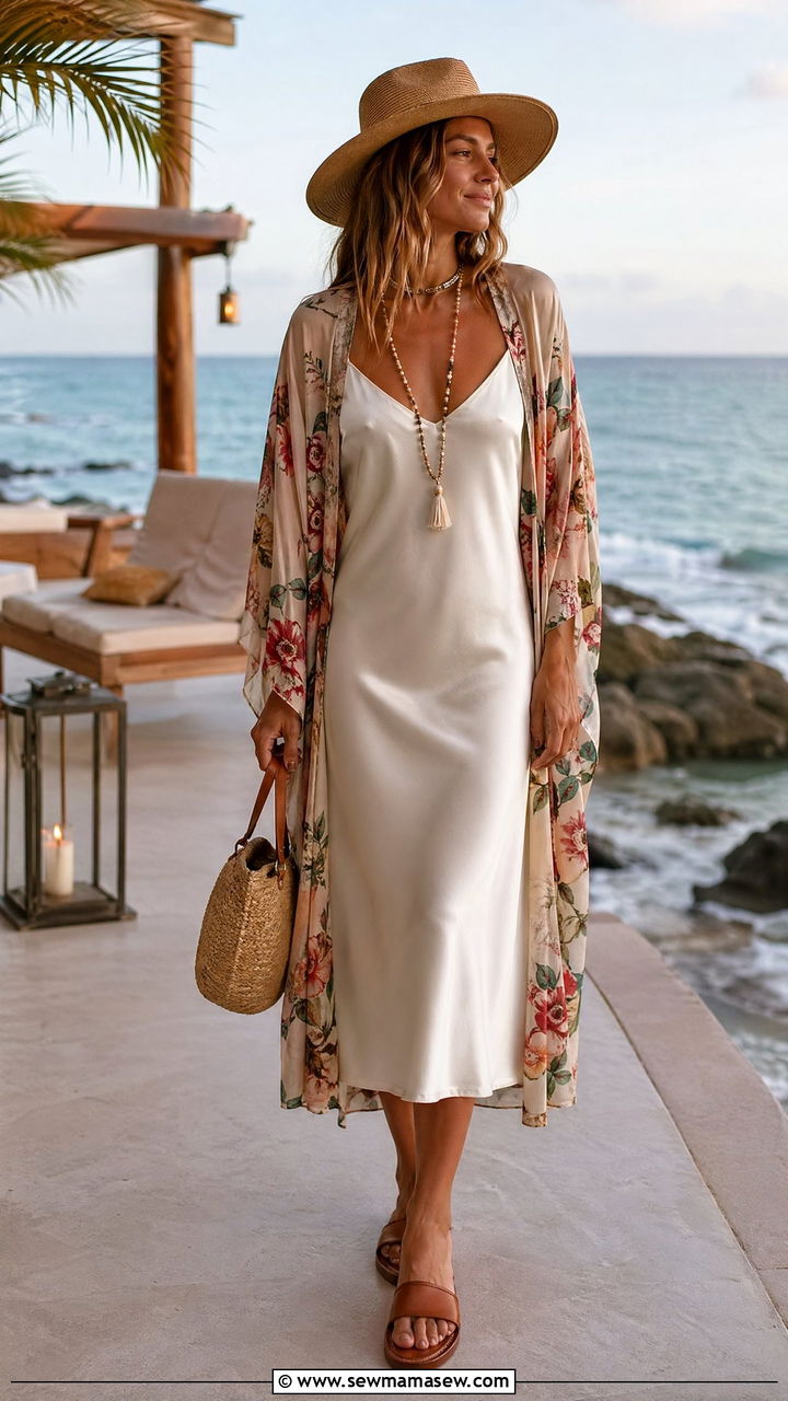 Slip dress with kimono and sandals outfit - 35 cute slip dress outfits
