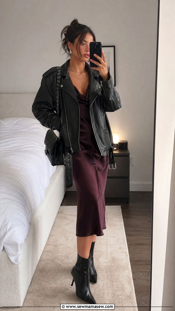 Slip dress with leather jacket and ankle boots outfit - 35 cute slip dress outfits