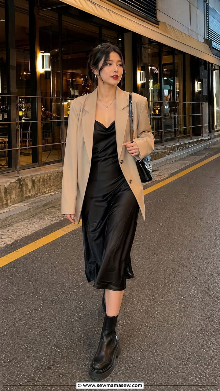 Slip dress with oversized blazer for a night out in Itaewon - 35 Seoul vacation outfit ideas