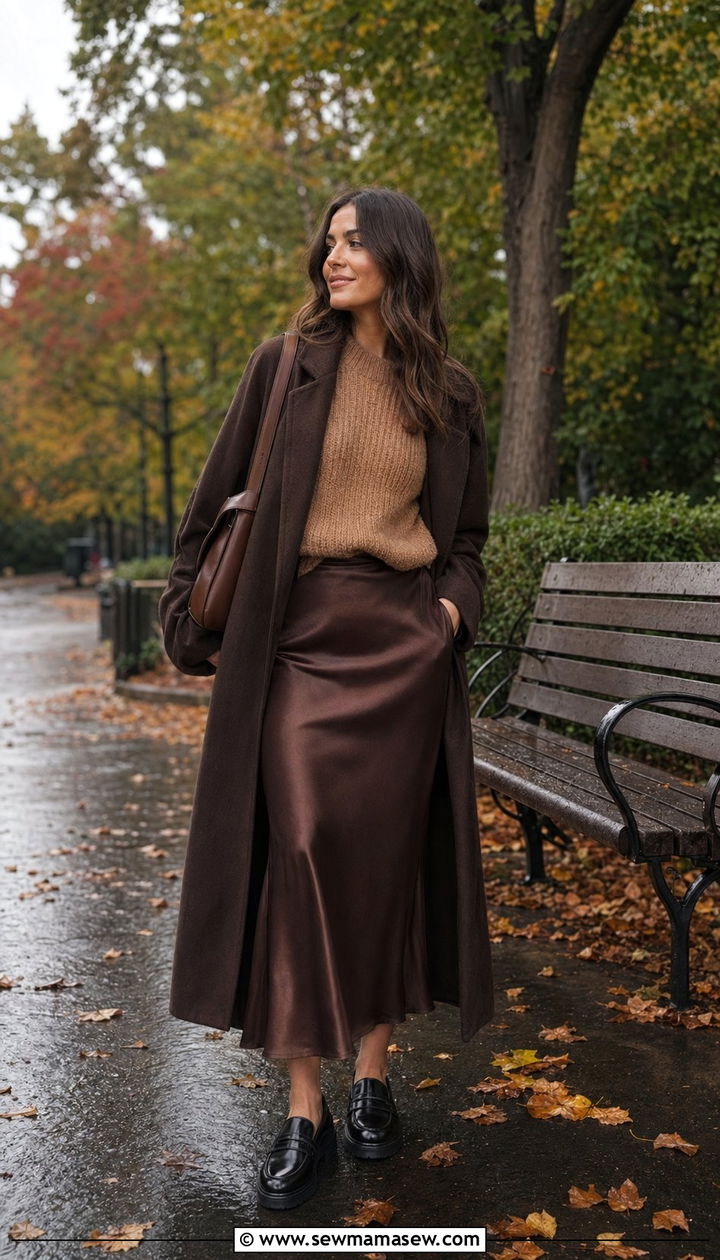 Slip skirt with chunky knit sweater and loafers - 35 rainy day outfits for women